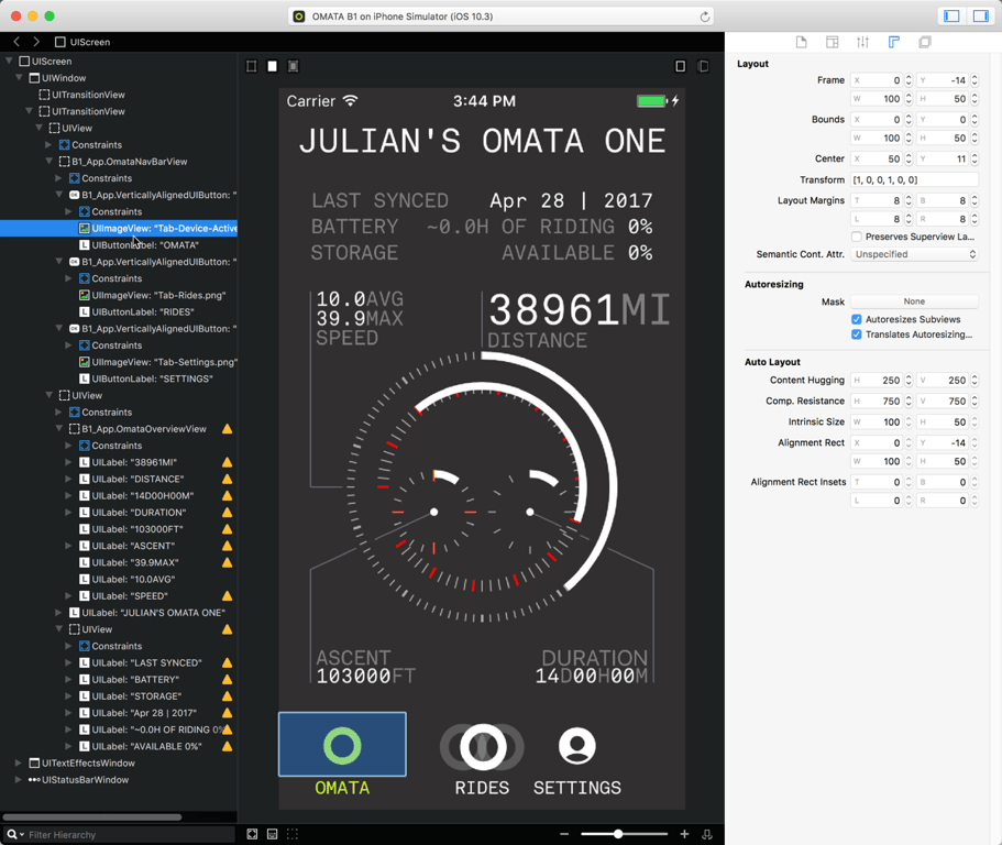 Reveal inspecting the OMATA B1 overview screen, with the view hierarchy, tab-bar image selection, layout constraints and instrument-inspired ride totals visible.