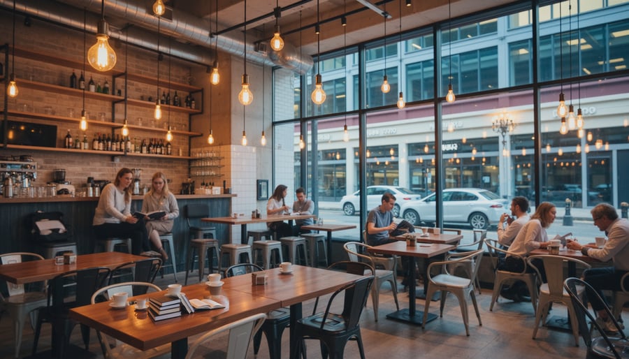 Cozy café interior with people sitting at tables, warm lighting, and large windows showing a street view.