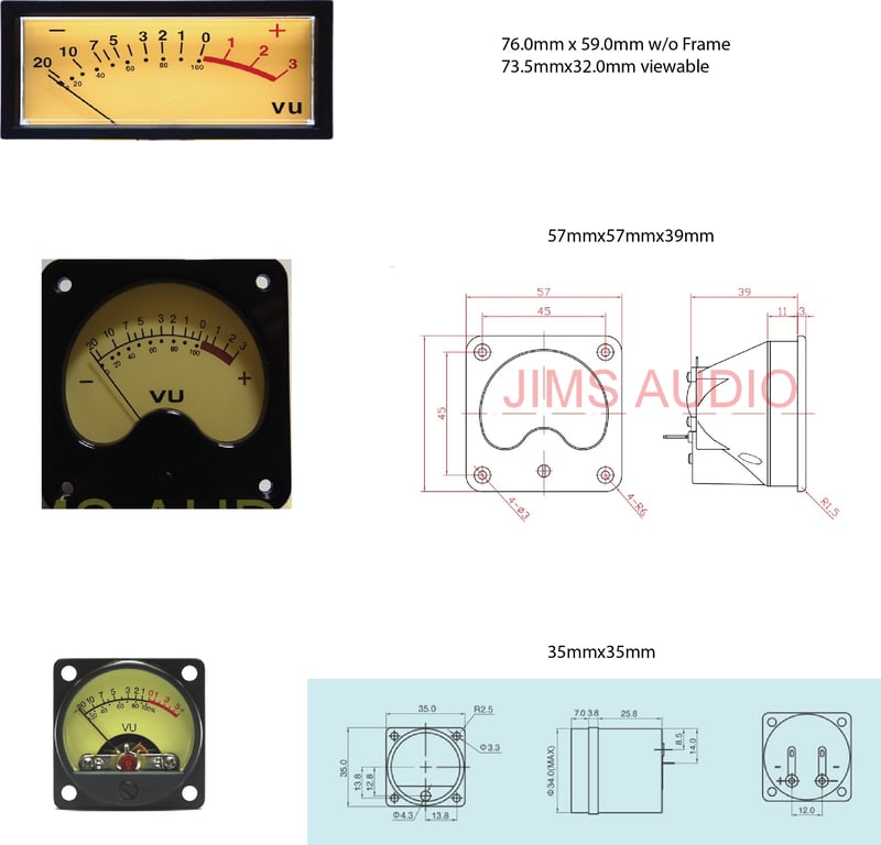 Composite sheet of analog VU meter hardware studies, photographs, and dimensional drawings used in Humbo prototype development.