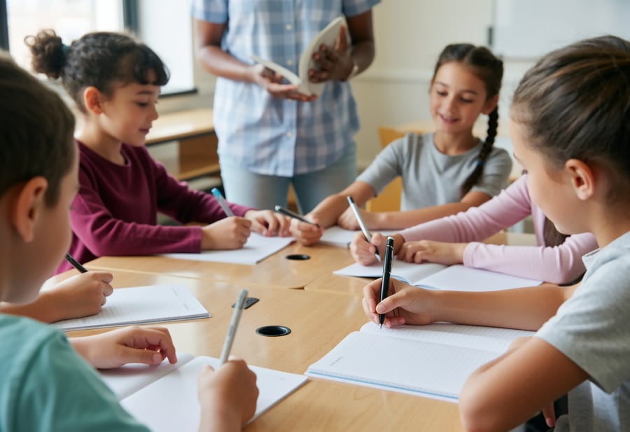 A small group of students in a classroom leaning toward each other in discussion, with notebooks and pens, faces focused.