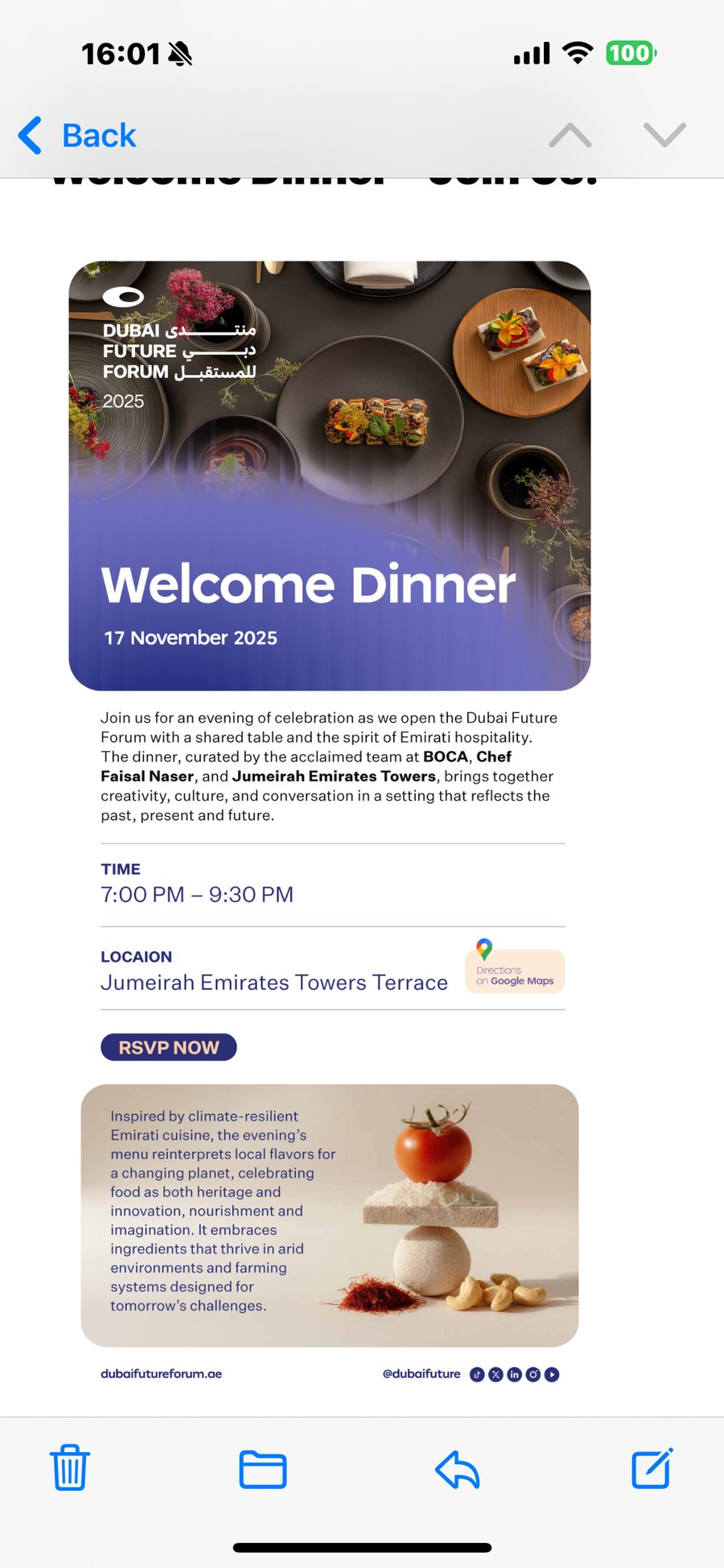 Invitation for the Dubai Future Forum Welcome Dinner on 17 November 2025 at Jumeirah Emirates Towers Terrace.