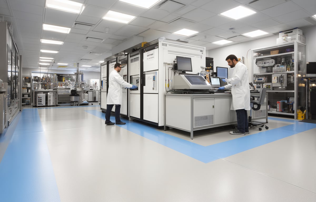Laboratory with two scientists in white coats working at equipment stations.