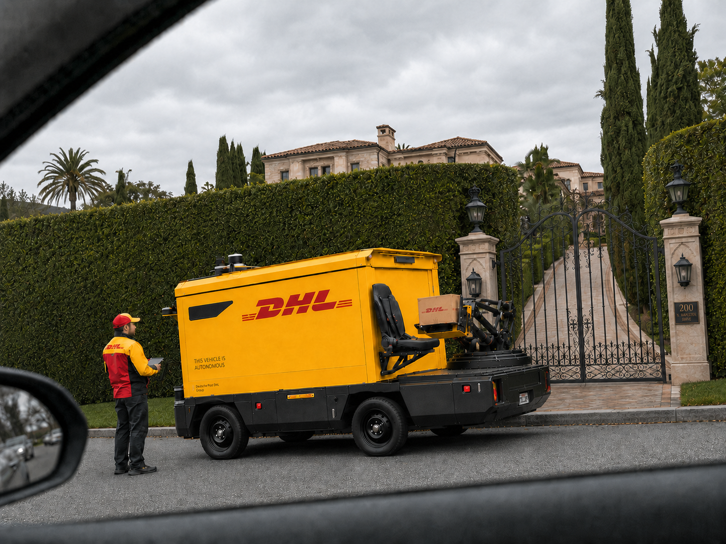 A DHL-branded autonomous catapult vehicle staged with a parcel in a residential delivery trial.