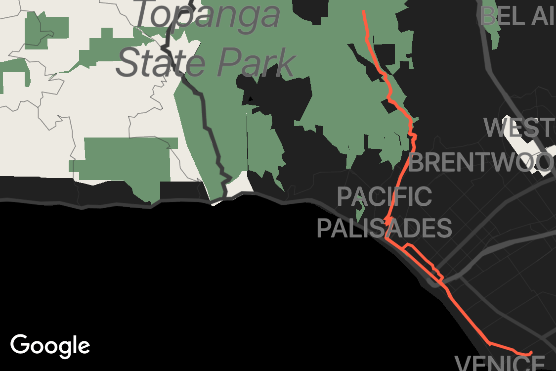 OMATA map-style study with an orange-red route, pale land beyond green park boundaries, black ocean, and labels for Topanga, Pacific Palisades and Venice.