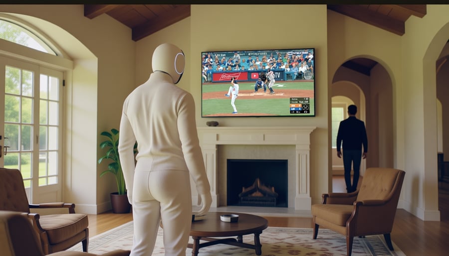 A Neo robot watching a baseball game on a television while its owner walks down a hall in the background.