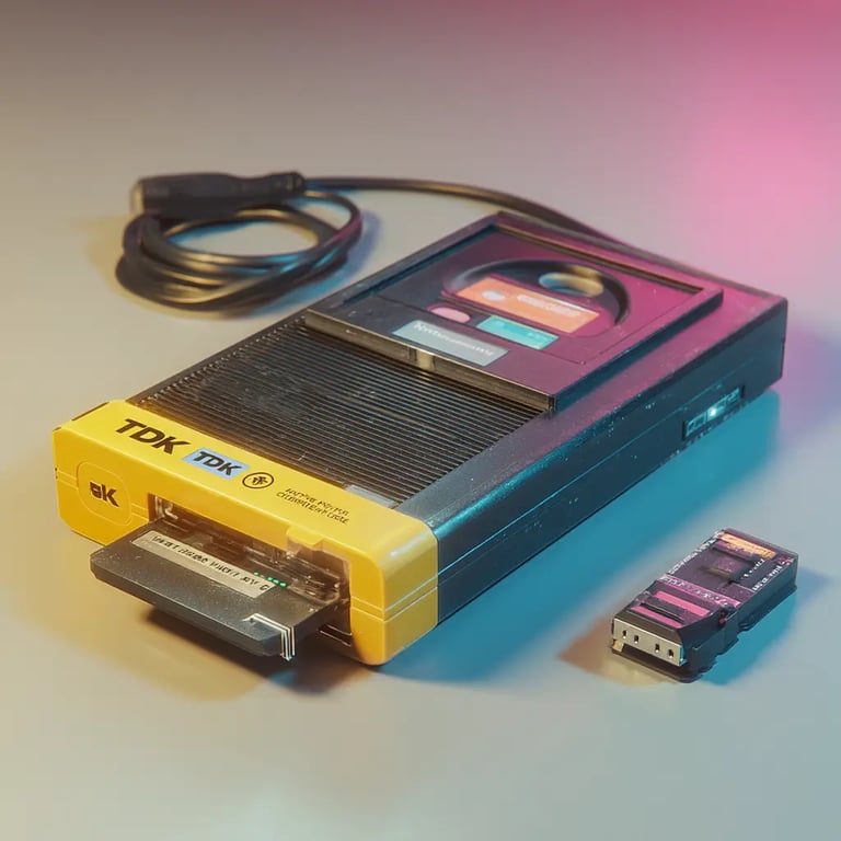 A speculative data device containing a local language model in data format like a vintage VHS tape or DAT tape in a module that can access the data