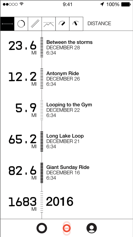 Interface exploration 06 — Compact black-and-white ride list and toolbar.