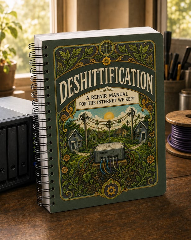A vintage repair manual titled Deshittification with tools and plants around it, on a wooden table with gardening cards and tools.