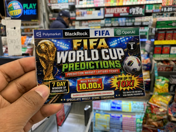 FIFA World Cup predictions lottery ticket held in a person's hand, with a
store shelf in the background.