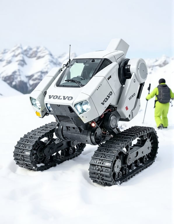 Volvo-associated snow robot scene, suggesting autonomous field operations in harsh conditions