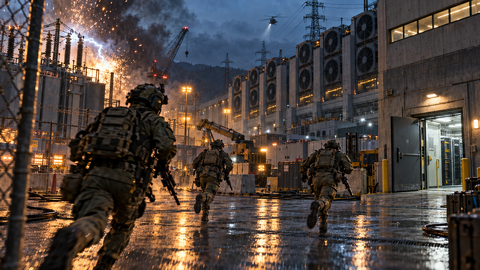 Militia run through a rain-soaked data-center power yard toward an open service door as transformers arc and throw sparks.