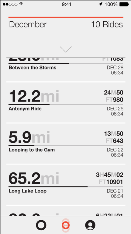 Interface exploration 04 — White ride list emphasizing distance and elevation.