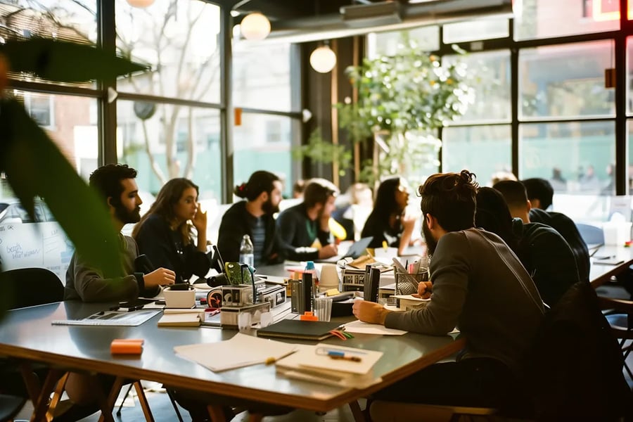 People sitting around a large table in a bright, modern office space.