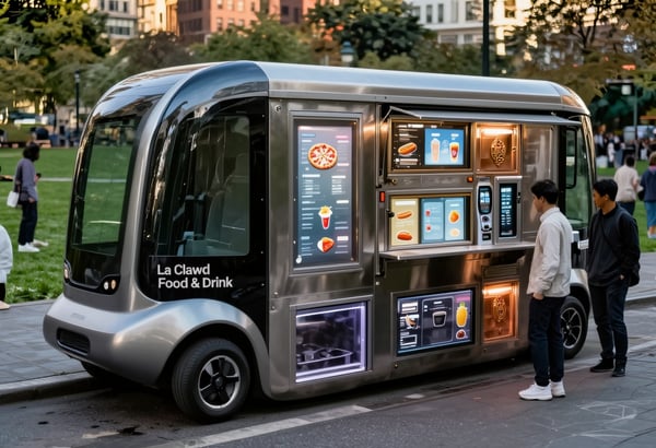 An intelligent food delivery robot operating independently in the marketplace.