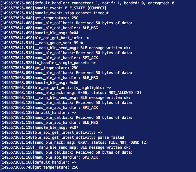 Serial output tracking BLE messages and state changes.