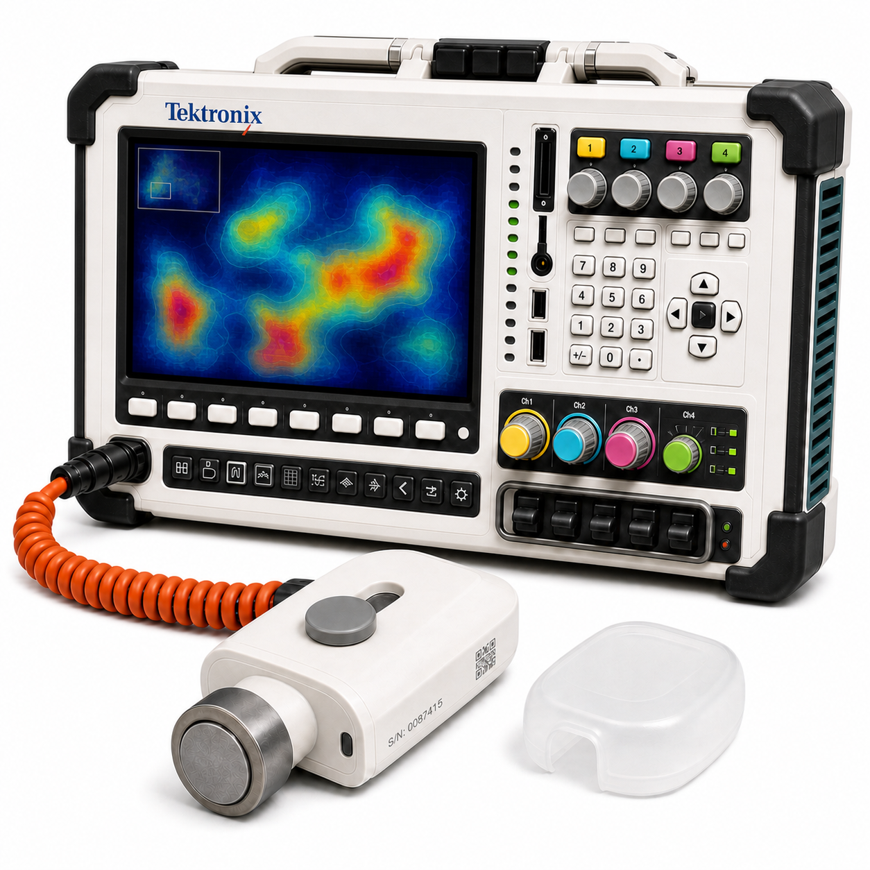 Tektronix Turing Clamp 6502 MkII instrument with control head, probe lead, and suppression probe on a white field.