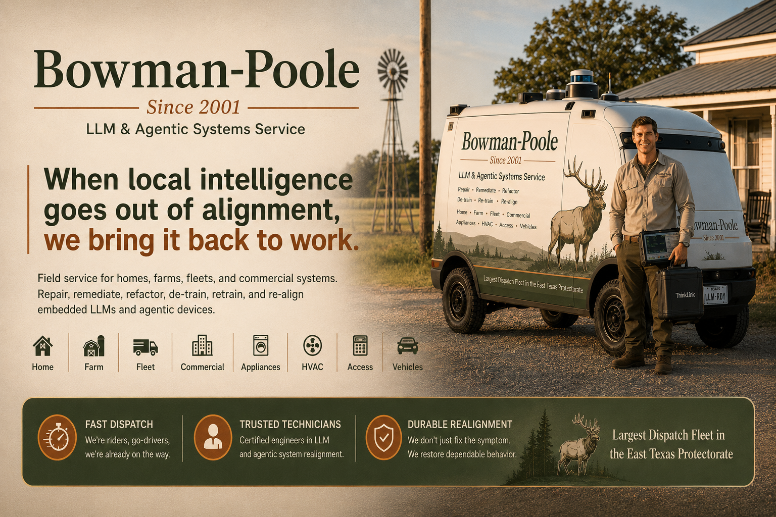 A service van with "Bowman-Poole" branding and an elk graphic parked near a rustic house.