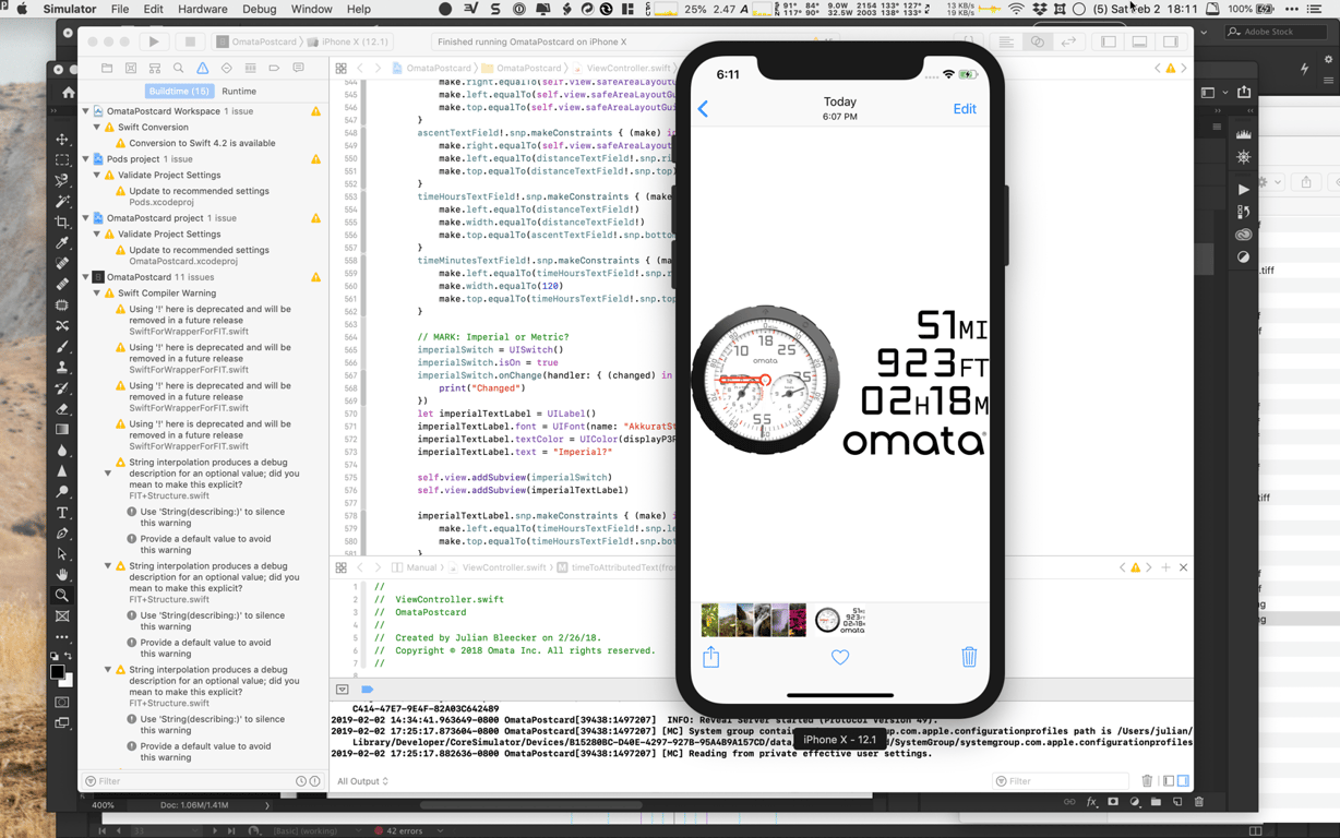 Xcode and the iPhone simulator showing an OMATA ride rendered as a shareable postcard with instrument data.