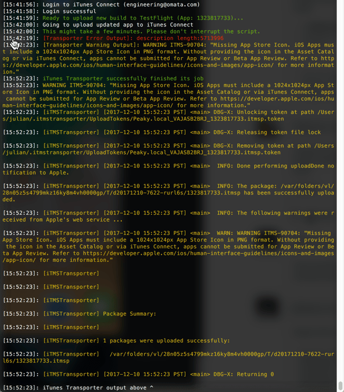iTunes Transporter console output uploading a build to TestFlight, showing a Transporter Error Output line followed by a success message.