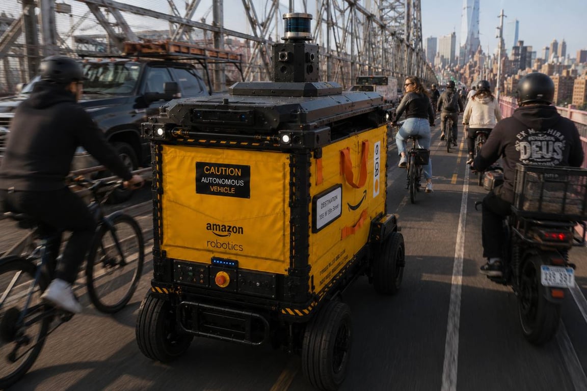 A DHL-branded autonomous catapult vehicle in the bicycle lane of the Williamsburg Bridge