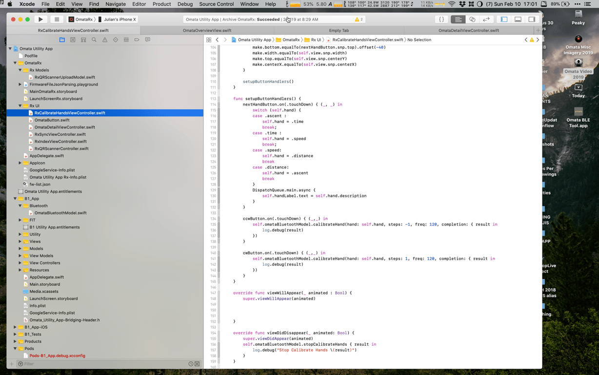 Xcode showing OMATA Rx calibration code in RxCalibrateHandsViewController.swift and the project navigator.