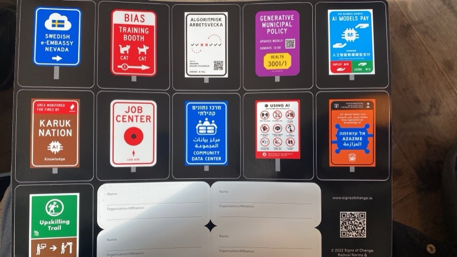 A sheet of stickers of Design Fiction artifacts street signs from possible futures