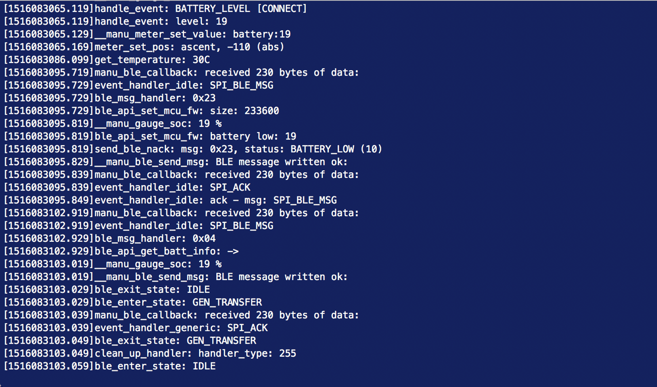 Serial BLE output showing battery level, firmware size, low-battery status, acknowledgements, and transfer state changes.