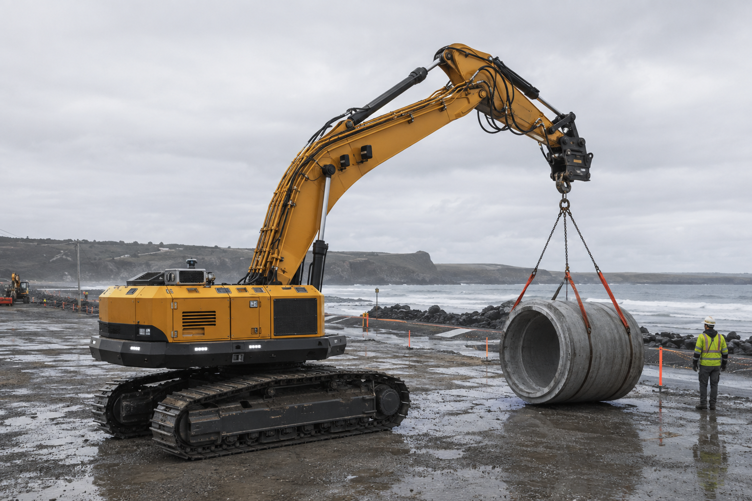 A cabless yellow hydraulic excavator lowers a culvert at a coastal site, with a low protected lidar and camera module in place of a driver cab.