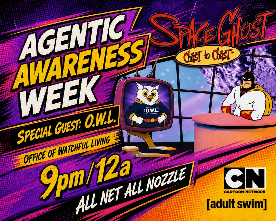 Agentic Awareness Week ad featuring Space Ghost at the desk and O.W.L. inside a television set.