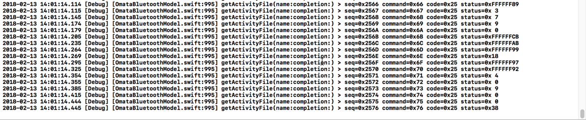 A raw BLE activity-file log showing sequential commands, hexadecimal offsets, byte values, and status codes.
