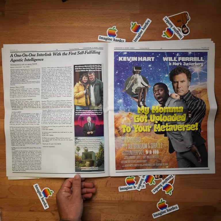 A spread from a newspaper from an AI future