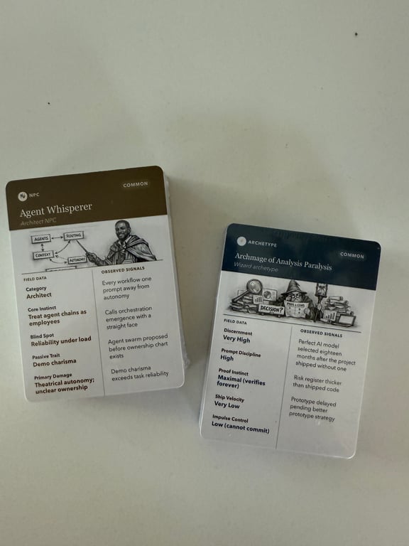 Photograph of two included archetype cards from The AI Developer's Field Guide: Agent Whisperer and Archmage of Analysis Paralysis.