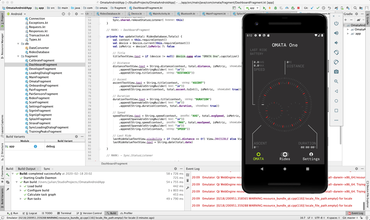 Android Studio showing OMATA Kotlin source, the app’s fragment structure, build variants, and a successful Gradle build.