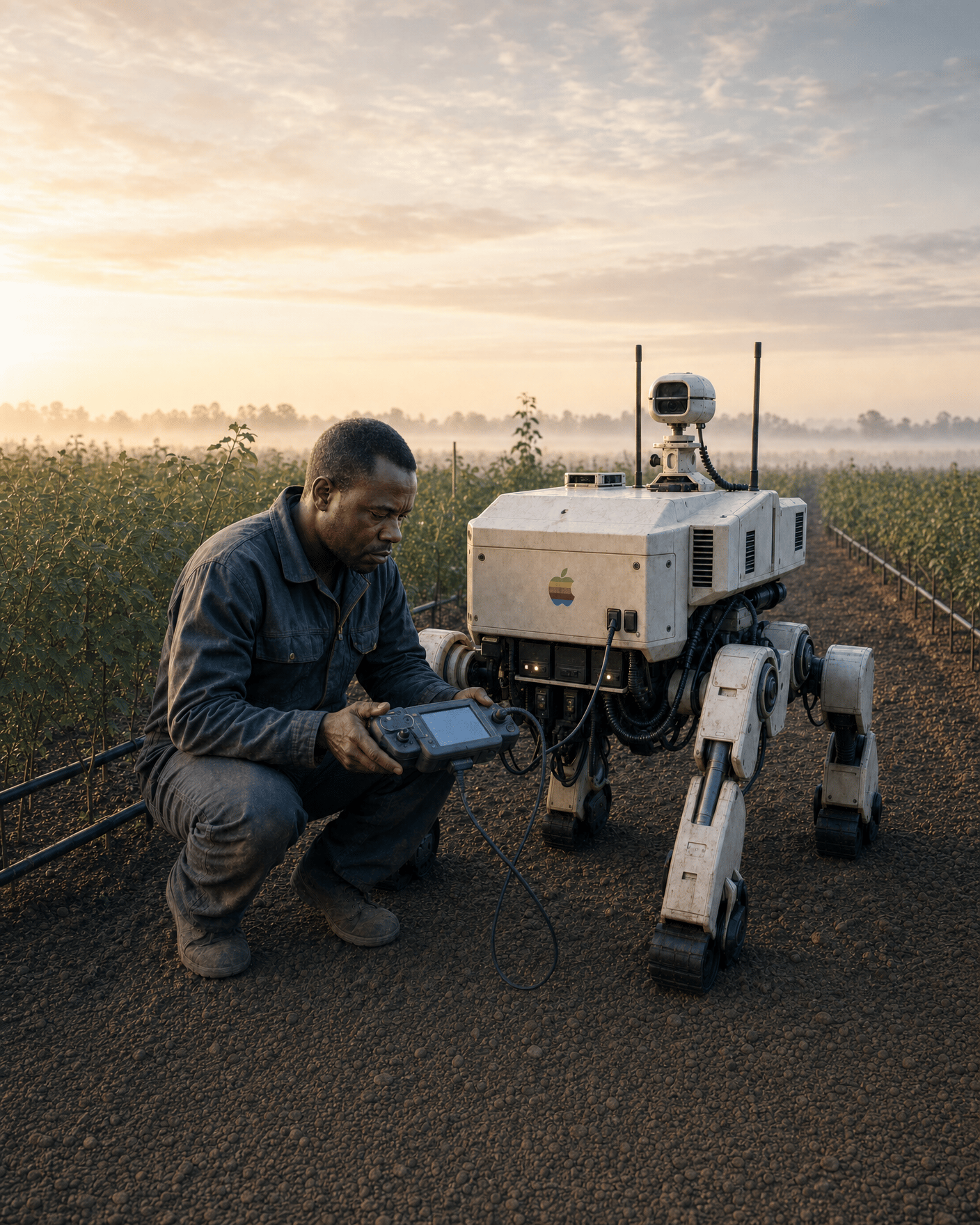 A cyberpunk farm robot technician in a hazy, overcast service scene.
