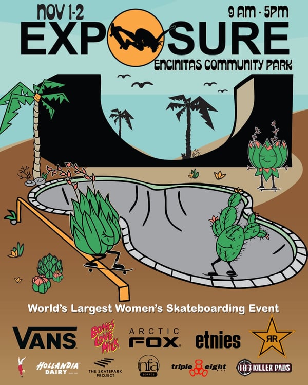 A poster illustration with a vivid cartoon illustrating a skateboarding event