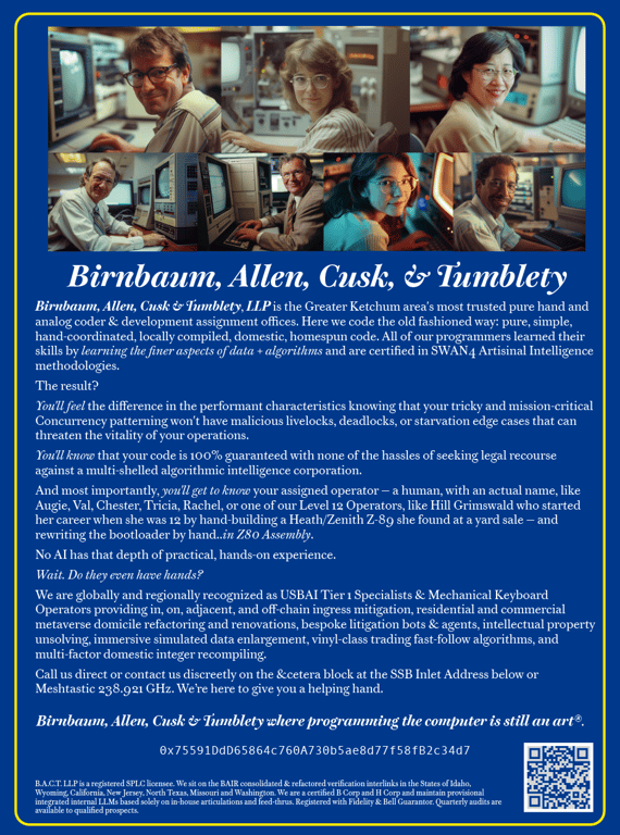 A Design Fiction in the archetype of a print ad for a company that provides 100% human coding