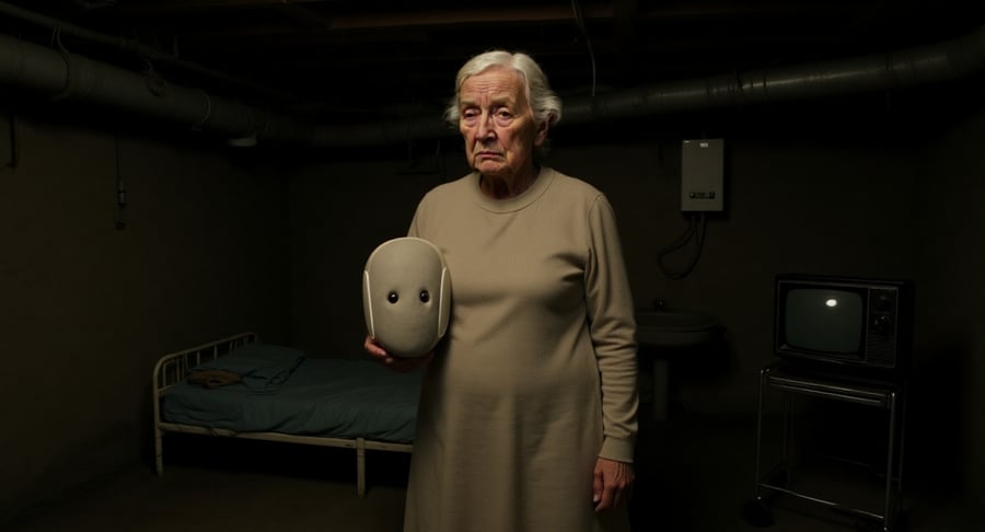 An old lady olding her Neo I robomask standing as a portrait in a dark basement apartment.