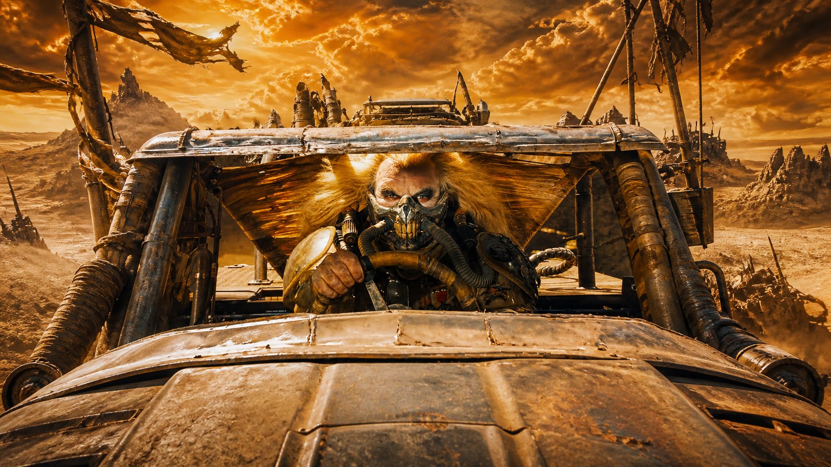 Film still from Mad Max: Fury Road showing Max Rockatansky gripping the steering wheel of a heavily modified vehicle.