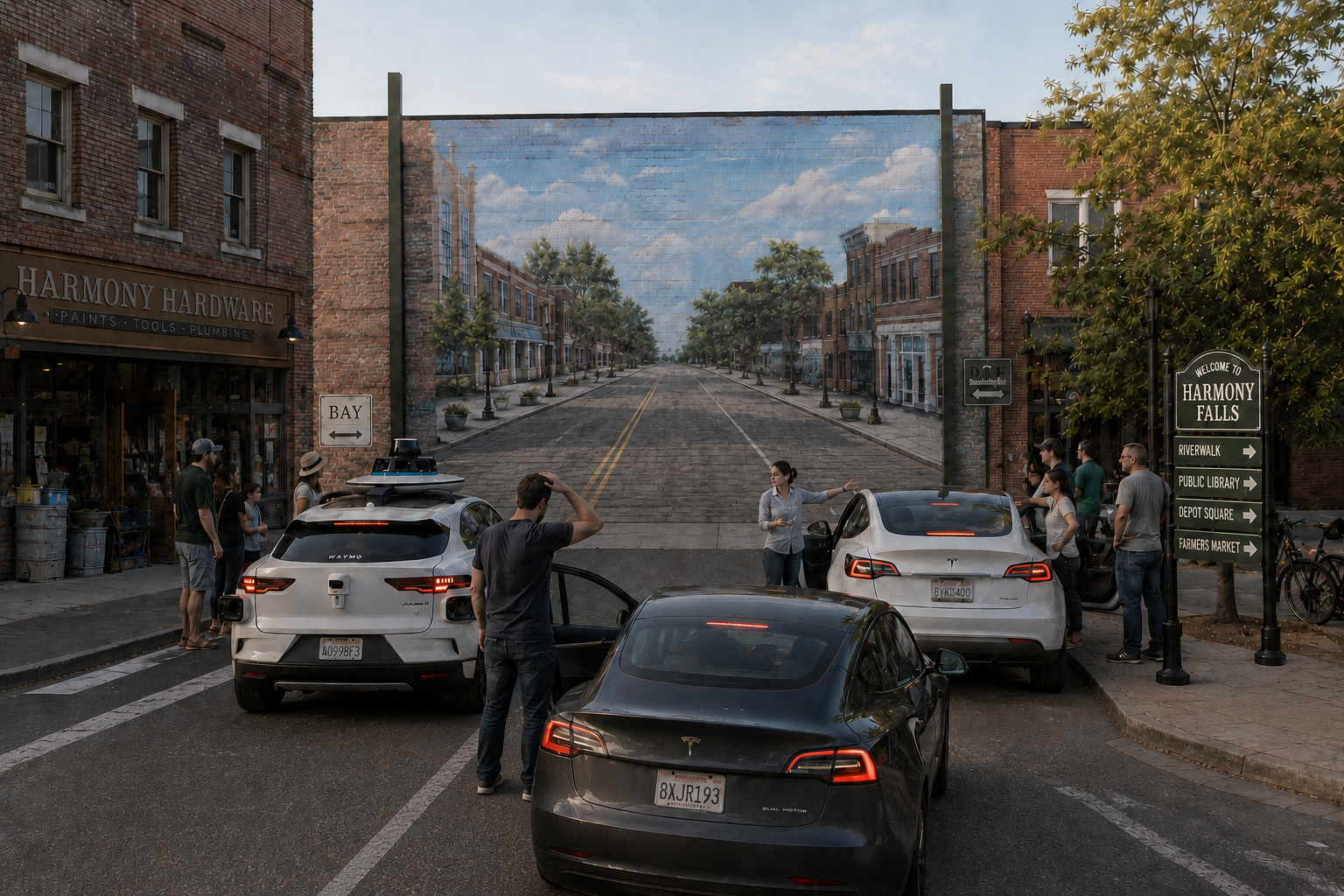 A group of people and cars in front of a mural depicting a street scene, with a hardware store on the left and a sign pointing to local attractions on the right.