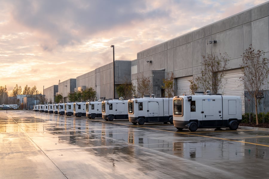 Editorial photography of a parking lot at a warehouse distribution center of brutalist industrial buildings. In the parking lot are a many rows of autonomous delivery vehicles. The vehicles have no drivers compartment. They are simply like delivery trucks as boxes on four wheels. They are sitting idle with sensor arrays and simple surface details indicating that they are self-driving fully autonomous vehicles. There has been a light rain so the pavement is slightly wet. The sky is clearing. It is just after sunrise.