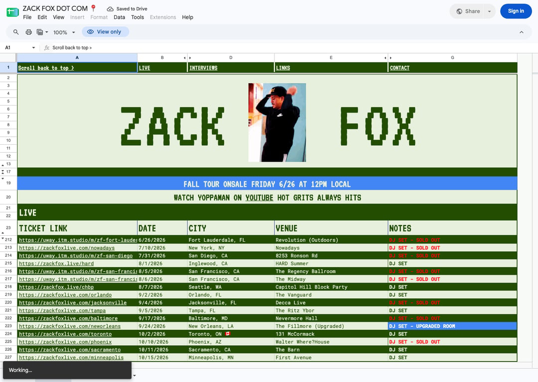 Screenshot of ZACK FOX DOT COM 📍 - Google Sheets.