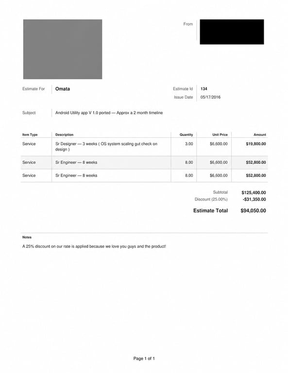 Agency Android Utility App estimate for OMATA, showing a two-month timeline and a $94,050 estimate total.