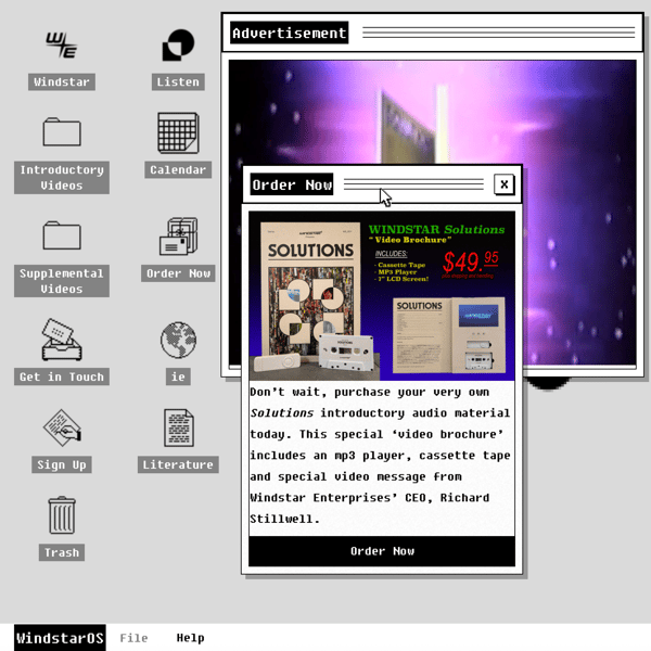 Vintage computer interface displaying an advertisement for Windstar Solutions video brochure with ordering details.