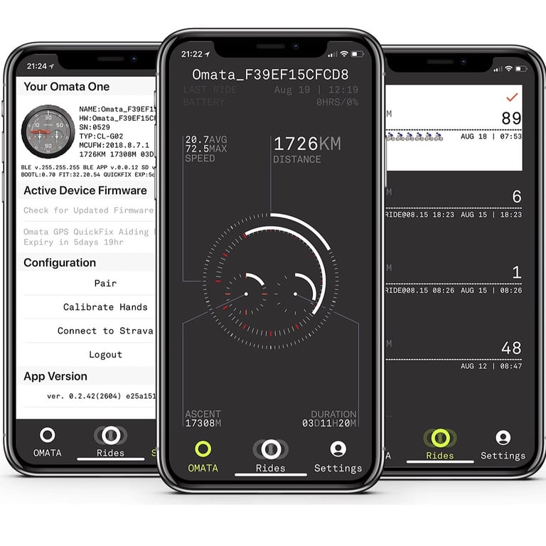 Three iPhones showing OMATA device information and configuration, the ride dashboard, and the rides history interface.