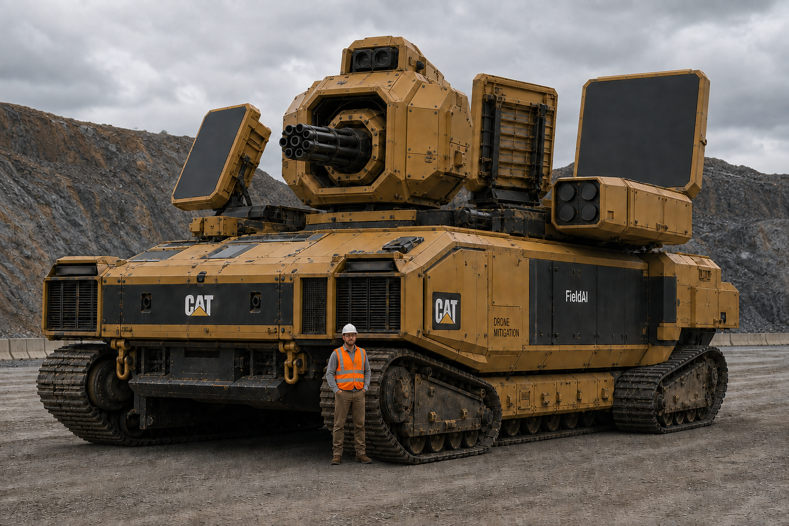 A small salesman wearing a white hard hat, orange safety vest, work trousers and boots stands beside the near front track of an enormous yellow CAT FieldAI machine with dark panels and a turret, on a rocky quarry test pad beneath an overcast sky.