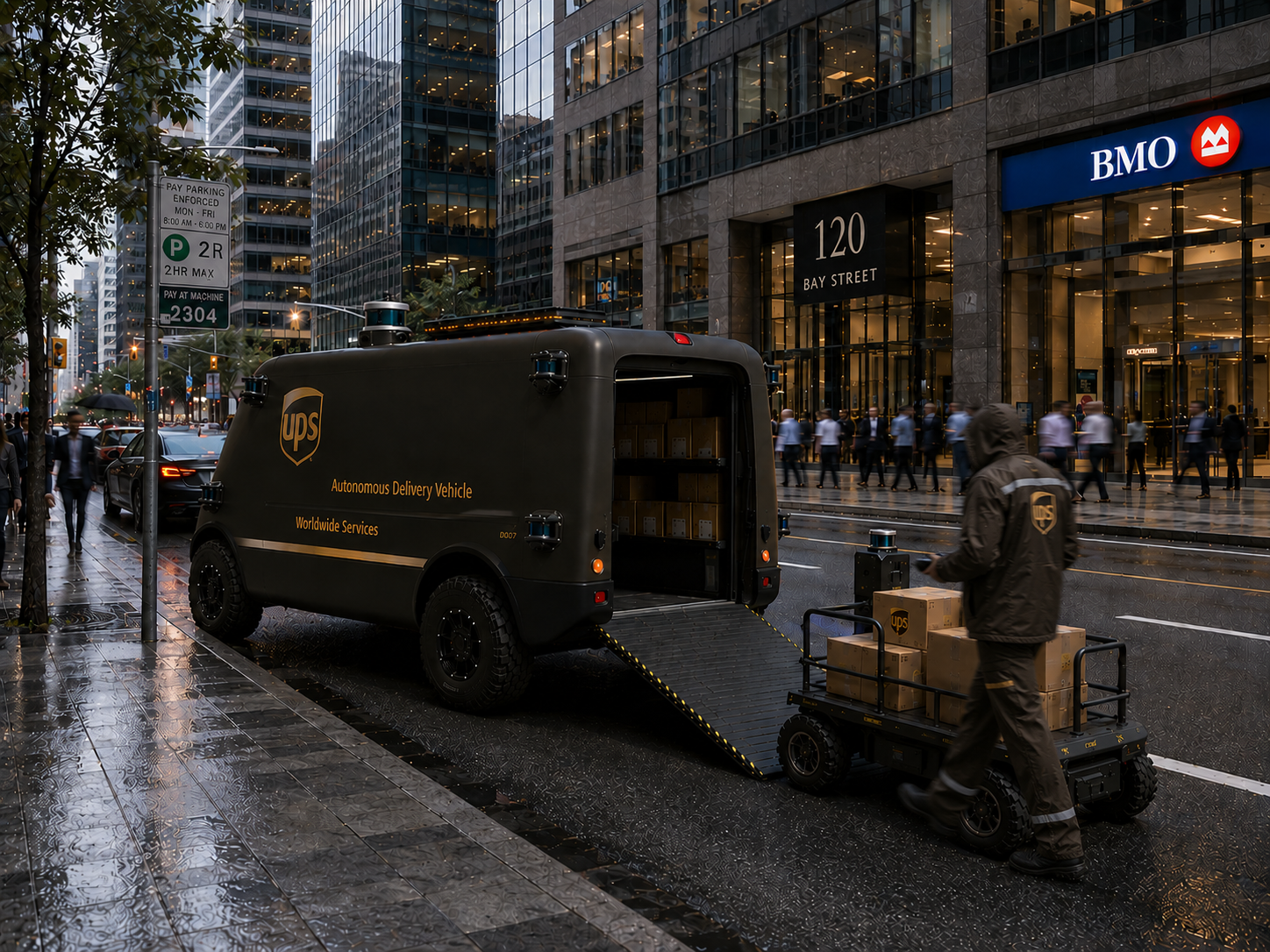A delivery steward walking near an autonomous delivery vehicle at the curb.