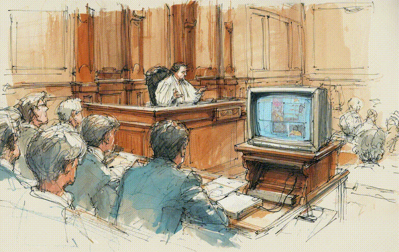 Courtroom sketch of an AI-enabled pendant testifying against its owner.