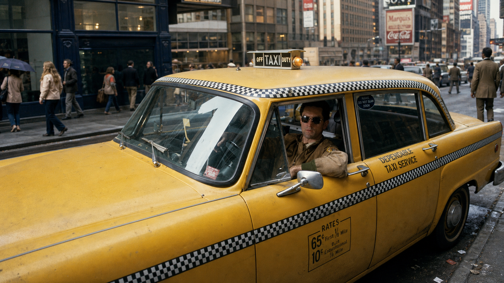 Film still from Taxi Driver showing a taxi driver seated behind the wheel of a yellow New York cab.