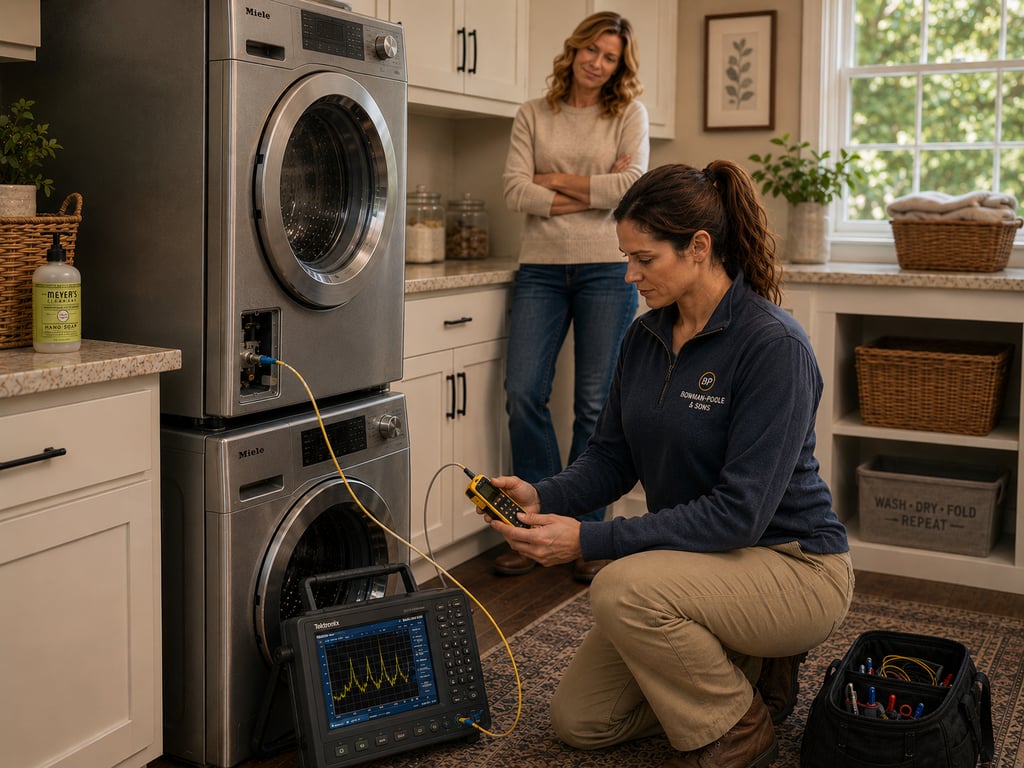 Service worker inspecting an intelligent laundry appliance.