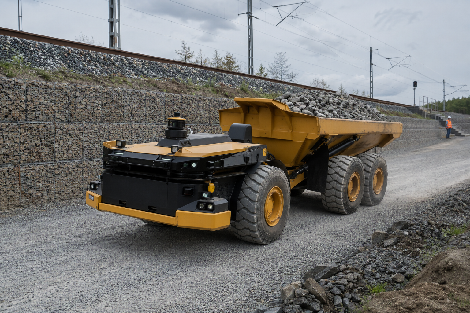A cabless yellow articulated aggregate hauler travels along a rail embankment, with a low armored lidar, camera, and radar module replacing its driver cab.